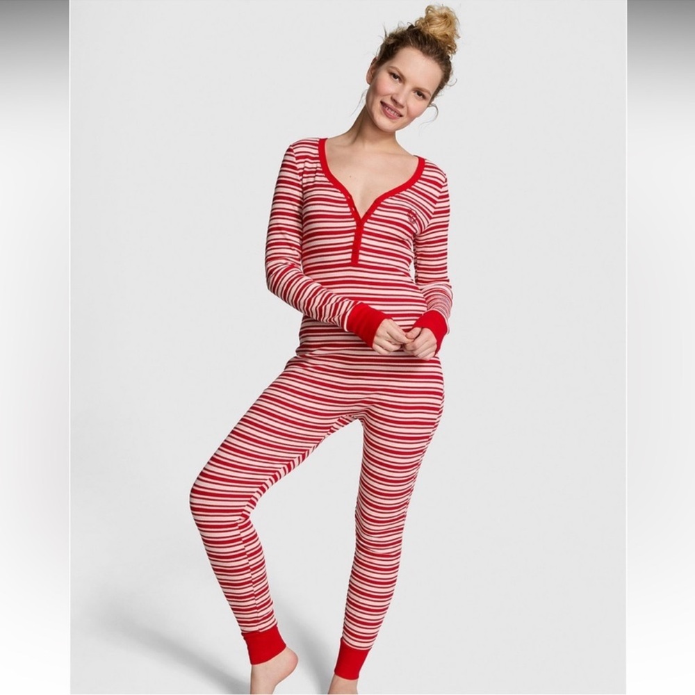 PINK Victoria's Secret Red Striped One Piece Thermal Onesie Pajama XS NWT